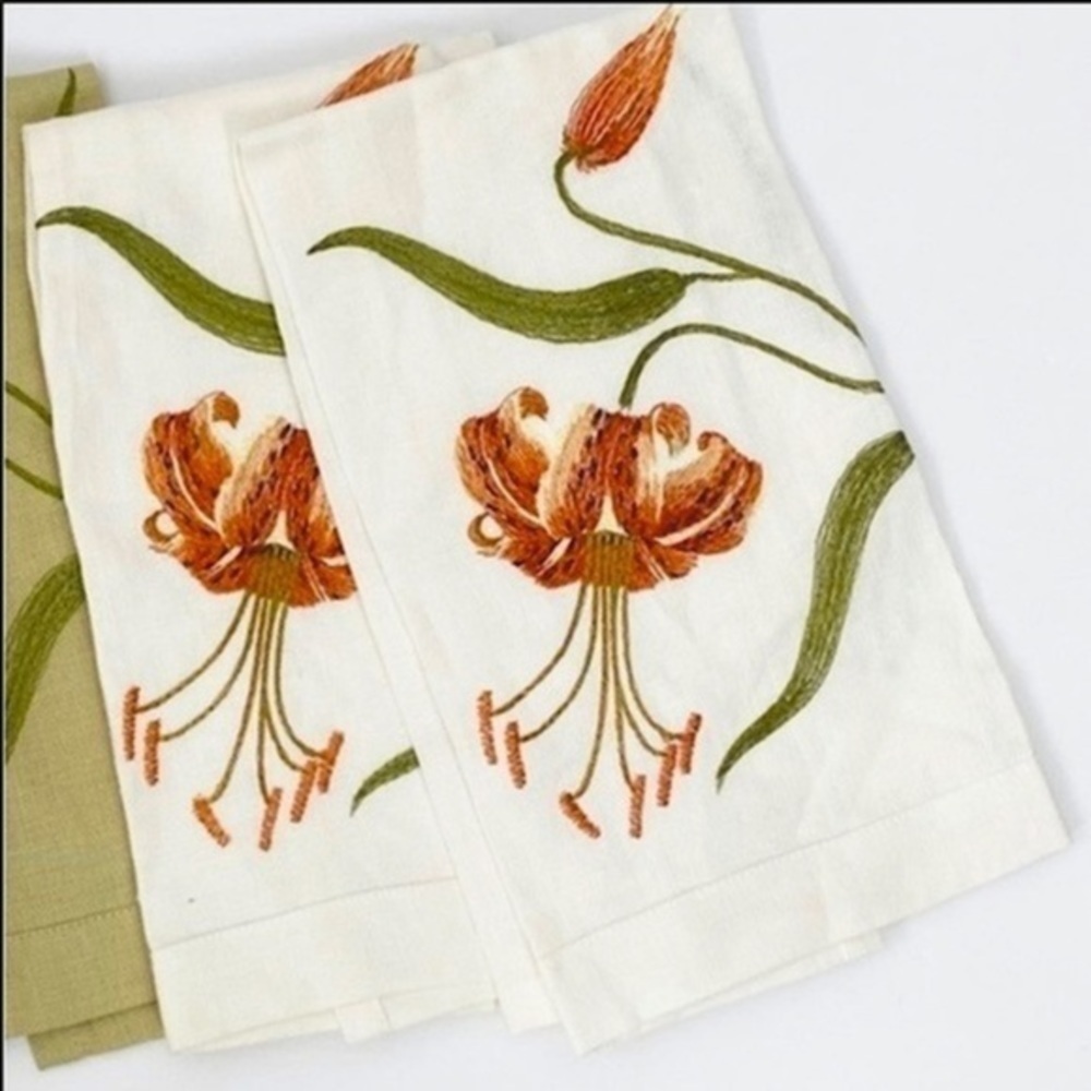 2 Anali Fine Linen Towels embroidered by hand tiger lily flowers floral design